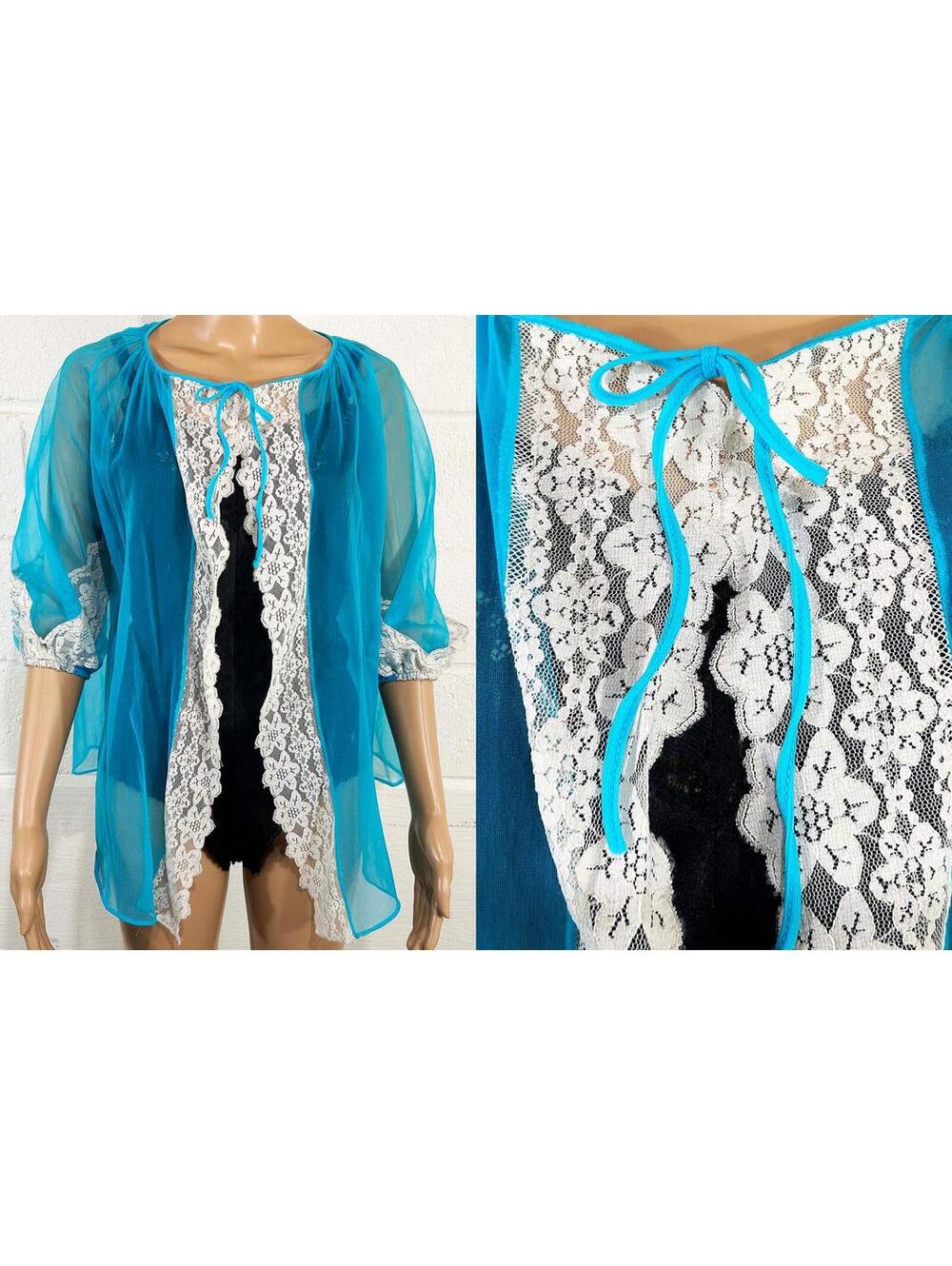 Vintage Bed Jacket Nightgown Sheer Blue Chiffon Babydoll Peignoir 60s Open Size